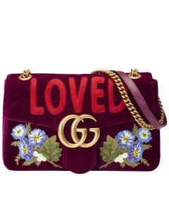 Hot Selling Gucci GG Marmont Loved Applique Floral Embroideries Women Oversized Flap Mauve Velvet Chain Bag 2022 Sale