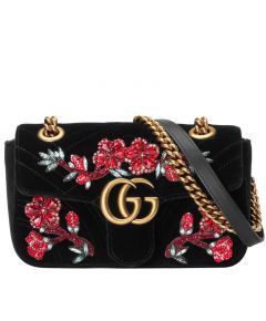 Replica Gucci GG Marmont Sequins & Crystals Floral Appliques Antique Gold Chain Shoulder Strap Female Black Velvet Flap Bag