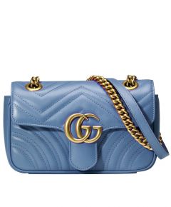 Replica Gucci Mini GG Marmont Logo Magnetic Buckle Brass ChainStrap Women Blue Chevron Quilted Leather Flap Crossbody Bag Sale