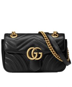 Imitation Gucci GG Marmont Double G Hardware Flap Design Black Chevron Matelasse Leather Brass Chian Handbag For Ladies ‎446744 DTDIT 1000
