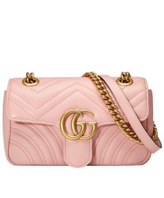 Gucci GG Marmont Mini Pink Quilted Leather Chevron  Design Golden Chian Shoulder Strap Flap Shoulder Bag For Ladies Sale Online